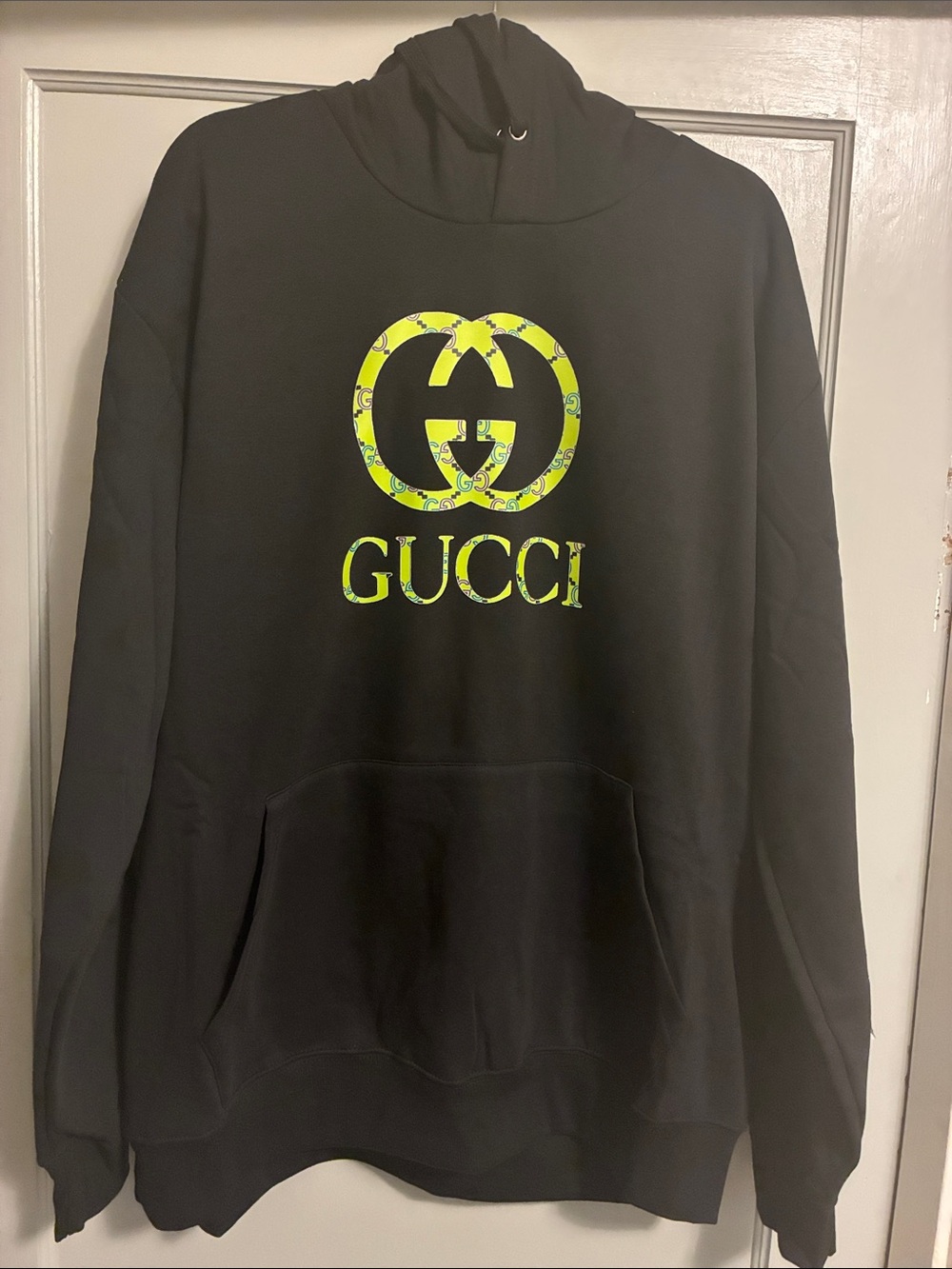 Gucci style Black Hoodie with Neon Yellow-Green Logo (new)